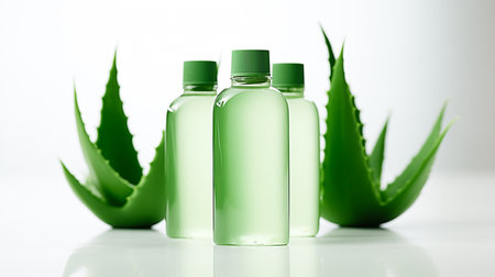 Aloe Vera leaves and Aloe Vera gel and cream, product photography, white background with a copy spaceの素材