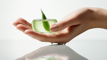 A woman's hand delicately cradles a small bottle of aloe vera gel, embodying the essence of soothing care and skincare, product photography, copy space, white backgroundの素材
