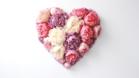Heart shape made of pink, purple, burgundy peonies. Beautiful floral background, Valentine's Day, love contest, copy space. AI-generated imageの素材