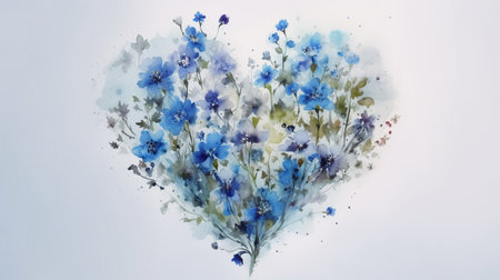 Heart shape made of blue  wildflowers on a light blue background. Watercolor painting, beautiful floral background, Valentine's Day, love contest, copy space. AI-generated imageの素材