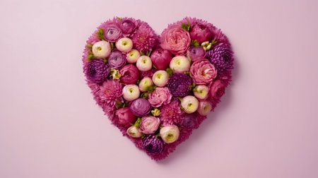 Heart shape made of flowers on a pink background. Beautiful floral background, Valentine's Day, love, gift contest, copy space. AI-generated image.の素材