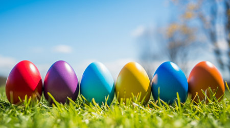 Vibrant Easter eggs nestled in the lush green grass create a festive and joyous celebration of colors, copy space. AI-generated imageの素材