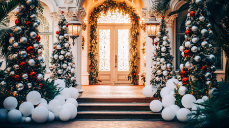 House door and entrance in a Californian setting are adorned with festive Christmas decorations, AI-generated imageの素材
