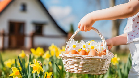 Child hands cradle a basket of Easter eggs amidst a colorful floral backdrop, creating a heartwarming scene in front of the house. Easter, Springtime concept, AI-generated imageの素材