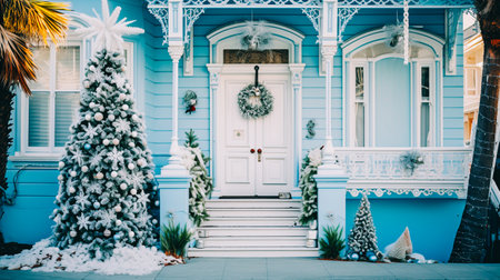 House door and entrance in a Californian setting are adorned with festive Christmas decorations, AI-generated imageの素材
