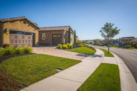 Luxury homes on an empty street in small town somewhere in Californiaの写真素材