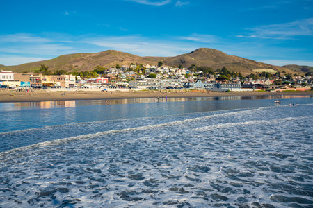 Cayucos State Beach is right on the waterfront in the town of Cayucos, Central Coast of Californiaの写真素材
