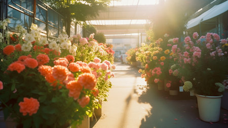 Outdoor flower market. Variety of flowers in flower pots. Gardening, Springtime concept. AI-generated imageの素材