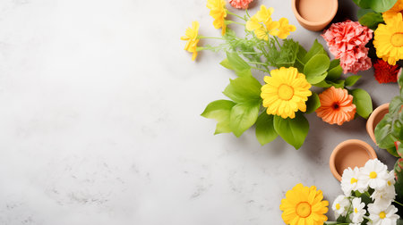 Spring flowers on a light gray background, flat lay with a copy space, AI-generated imageの素材