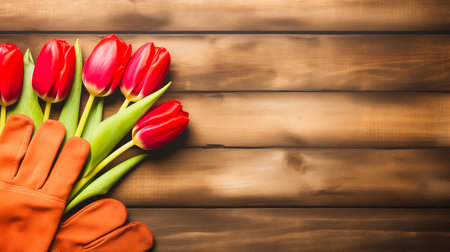 Bouquet of red tulips and gloves on a wooden background with copy space for the text. Springtime, gardening concept, AI-generated imageの素材