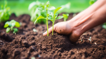 Gardener planting viggies and flowers in the garden. AI-generated imageの素材