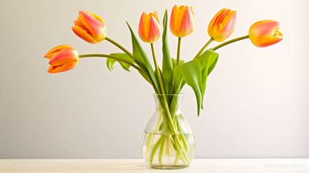 Beautiful bouquet of tulips in a glass vase, close-up on a table, copy space for the text, AI-generated imageの素材