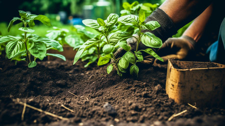 Planting veggies in the garden. Close-up vie of hands wearing gloves planting basil. AI-generated imageの素材