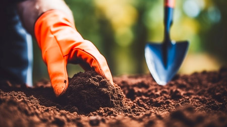 Hands in gardening gloves, and soil in the garden. Planting, gardening, springtime contest, AI-generated imageの素材