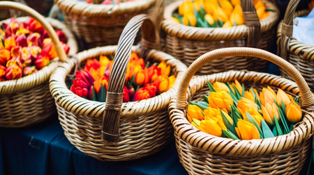 Tulips in baskets, outdoor flower market. Close-up view of fresh Spring flowers, AI-generated imageの素材
