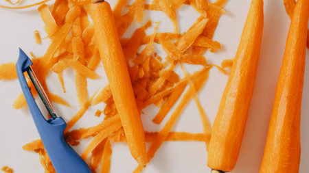 Peeled carrots close-up on a cutting board, and peeler knife, close-up view, light grey backgroundの写真素材