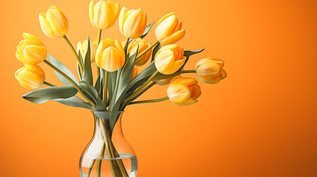 Yellow tulips in a glass vase close-up on a yellow background, copy space for the text, AI-generated imageの素材