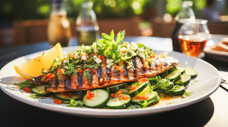 Grilled sardines and vegetables on a white plate on a table outdors on a bright sunny day, view from above. AI-generated imageの素材