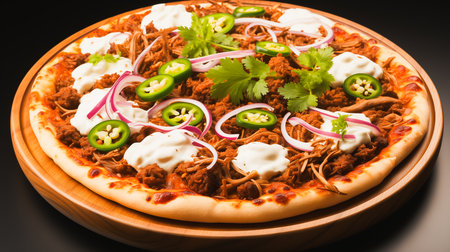 Beef pizza topped with jalapeno pepper and red onion and served with sour cream sauce, close-up on a wooden tray, AI-generated imageの素材