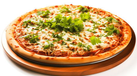 Beef and cheese pizza toped with fresh parsley and basil, close-up on a wooden tray, isolated on a white background, AI-generated imageの素材