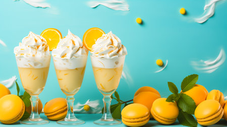 Vanilla pudding in glasses with whipped cream topping and sliced orange fruit, and orange macaroons close-up on a blue background, AI-generated imageの素材