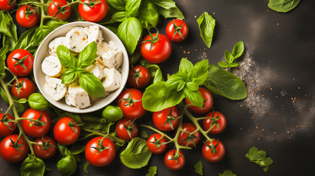 Tomatoes, cheese, and fresh green basil close-up on a dark background, directly from above with copy space, AI-generated imageの素材