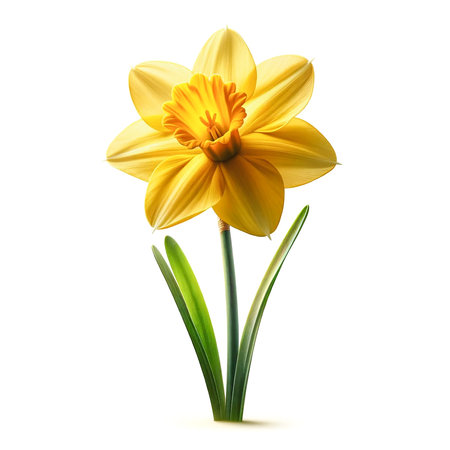 Single daffodil flower with its stem, isolated on a white background, AI-generated imageの素材