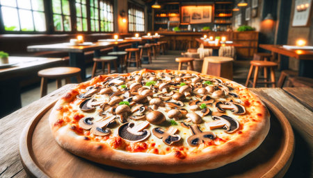 Delicious mushroom pizza, with a variety of mushrooms like shiitake, button, and oyster mushrooms, covered with melted mozzarella cheese, close-up on wooden board in a restaurant. Ai-generated imageの素材