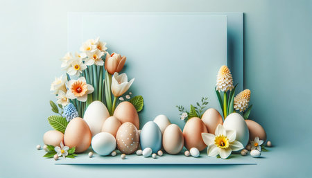 Easter banner with a copy space for the text. blue background, colorful Easter eggs, and spring flowers, AI-generated imageの素材