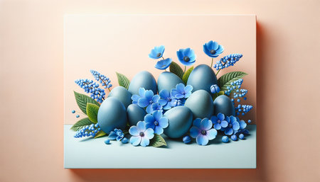 Realistic banner image with a soft pech-colored background, featuring a vibrant display of Easter eggs and spring flowers, AI-generated imageの素材