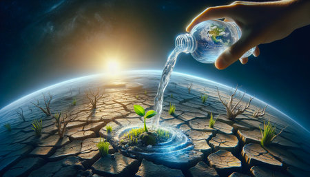 Abstract photo depicts the nurturing effect of clear drinking water in a transformed environment. A powerful message of conservation, the impact of climate change concept, AI-generatedの素材