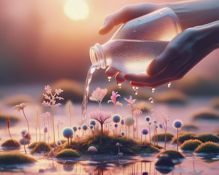Variety of plant life flourishing in full bloom, highlighted by the gentle cascade of clear drinking water. The soft, light colors, AI-generatedの素材
