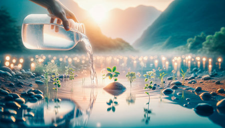 Photo depicts the nurturing of life in a desolate environment with a variety of delicate flora, focusing on the clarity and purity of water. The tranquil atmosphere and pastel colors, AI-generatedの素材