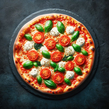 Delicious top-down view of a Margherita pizza, showcasing its melted cheese and fresh tomato toppings. AI-generatedの素材