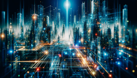 Abstract cityscape image illuminated by neon lights, conveying a futuristic concept. AI-generatedの素材