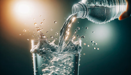Pouring clean drinking water from a plastic bottle into a  glass, captured in a clear and refreshing image. AI-generatedの素材