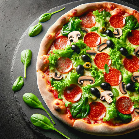 Pepperoni and mushroom pizza adorned with basil, baby spinach, and olives, set against a dark background. AI-generatedの素材