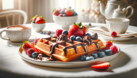 Belgium waffles with chocolate and fresh  berries, served on a white plate on a white tablecloth in the morning light. AI-generatedの素材