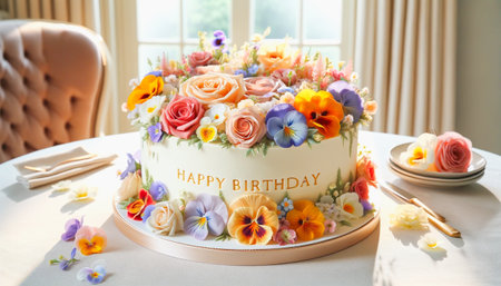 Birthday cake decorated with fresh flowers, close-up on a table in a morning sunleght from the window. AI-generated imageの素材