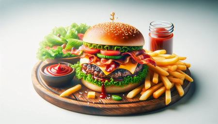 BBQ burger with bacon and cheese, served with salad, ketchup, and French fries, all presented on a wooden board against a white background. AI-generated imageの素材