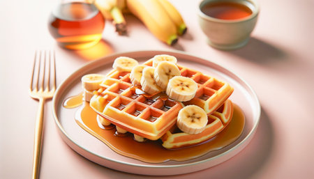Belgium waffles topped with maple syrup and sliced bananas. AI-generated imageの素材