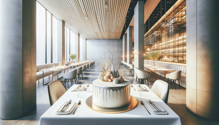 Modern cake on a table in a modern cafe, AI-generated imageの素材