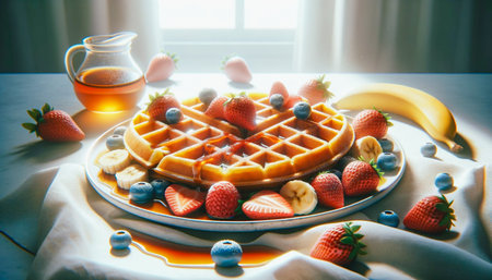 Belgium waffles with maple syrup and fresh fruits, served on a white plate on a white tablecloth in the morning light, capturing the essence of a cozy breakfast scene. AI-generatedの素材