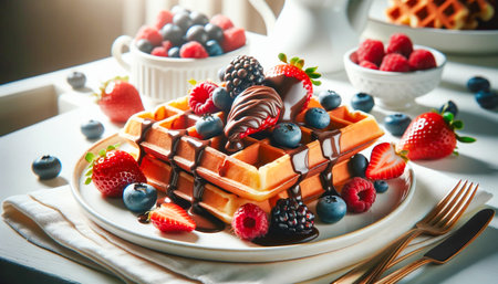 Belgium waffles with chocolate and berries, served on a white plate. AI-generatedの素材