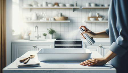 Woman's hands using an oil spray directly onto an empty white ceramic baking pan. AI-generatedの素材