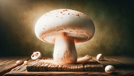 White mushroom on a rustic wooden background. AI-generated imageの素材