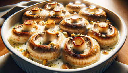 Baked white mushrooms with garlic butter sauce in a white ceramic baking dish. AI-generated imageの素材