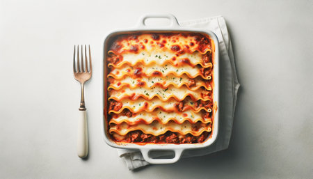Beef lasagna in a white ceramic dish, placed on a white linen tablecloth on a white kitchen table. Flat lay, AI-generated imageの素材