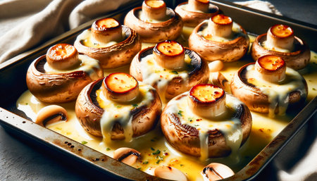 Baked white mushrooms with garlic butter sauce in a white ceramic baking dish. AI-generated imageの素材