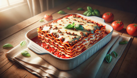 Beef lasagna served in a white ceramic dish close-up on a wooden kitchen table. AI-generated imageの素材